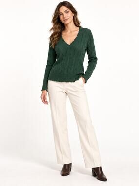 Blue & Cream NYC Distressed Cable Knit V-Neck Sweater Forest Green Cotton M